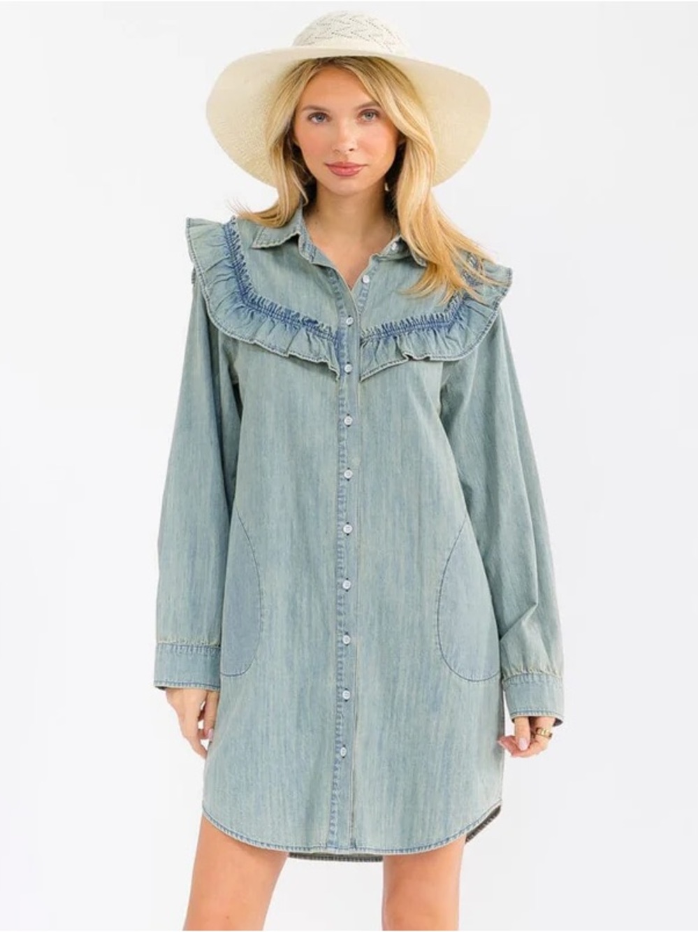 119 • Western CowGirl Denim Ruffle Shirt Dress | Washed Distressed Denim Dress